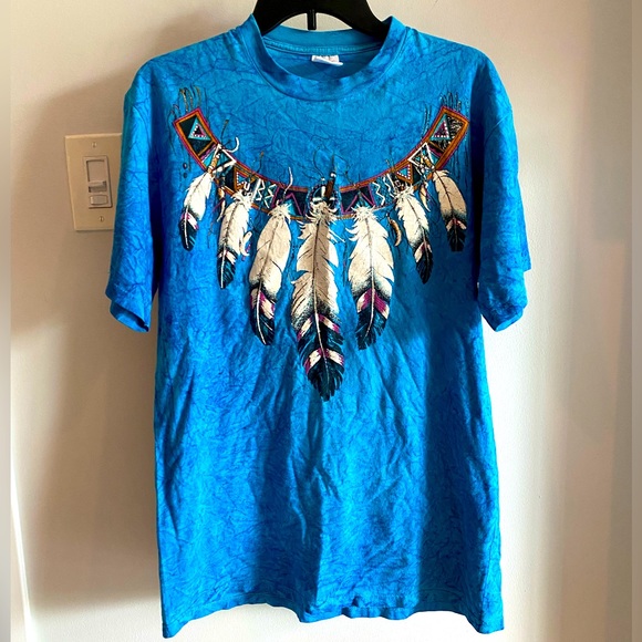 Vintage Tops - Vintage Tribal Style Bohemian Teal Blue Feather Print Short Sleeve Tshirt